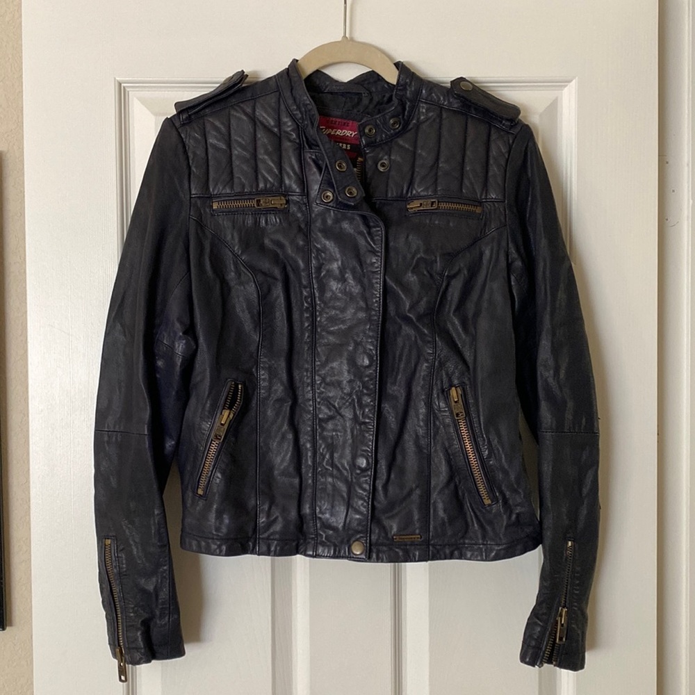 Superdry Women’s Large Navy Leather Jacket with zipper closure and button snaps